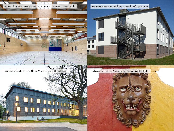 Collage mit vier ausgewählten Baumaßnahmen des Staatlichen Baumanagements Südniedersachsen