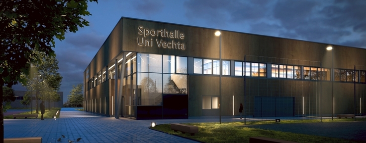 Visualisierung der Außenansicht der neuen Sporthalle der Universität Vechta