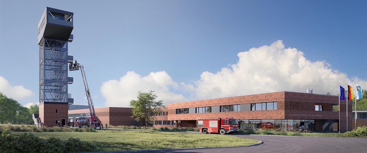 Visualisierung des neuen NLBK-Technikzentrums mit Turm im Vordergrund und zweistöckigem Flachbau