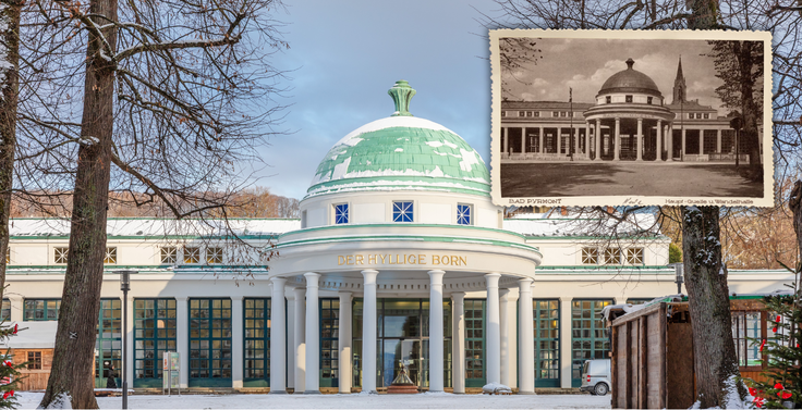 Aktuelle und historische Außenaufnahme des Brunnentempels in Bad Pyrmont