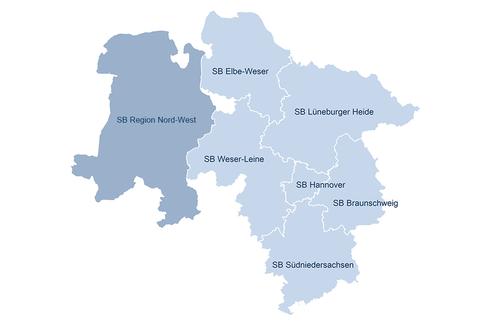 Niedersachsen-Karte mit Regionen der sieben Bauämter
